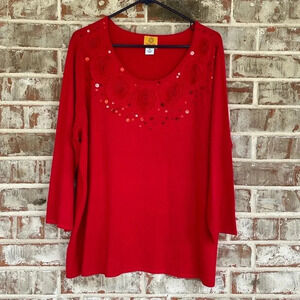 Ruby Road Red Rosette Sequin  Scoop Neck Sweater
